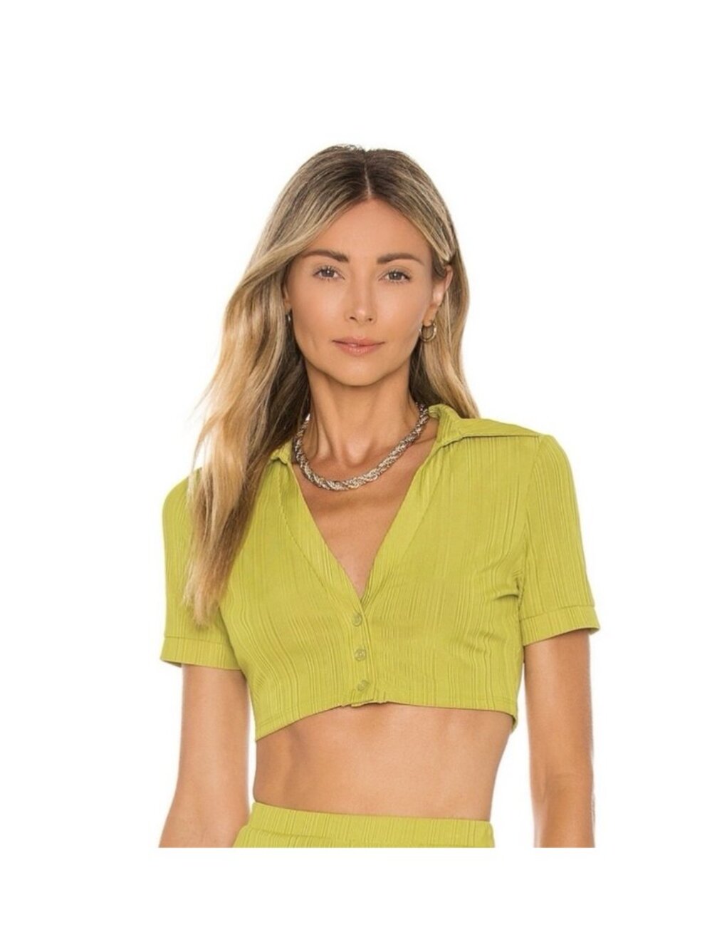 Camila Coelho Bennie Crop Top Yellow Green Plisse Collared Button $148 Xs